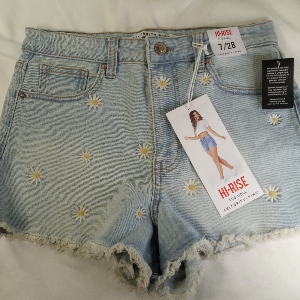 𝅺celebrity Pink Blue Denim Embroidered Hi-Rise Jean Shorts Junior's Size 7 NWT